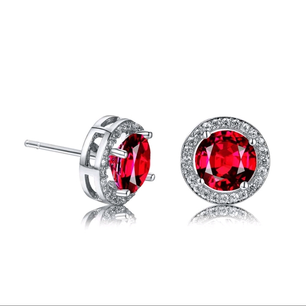 Elegant Silver and Red Stud Earrings - Picture 3 of 3